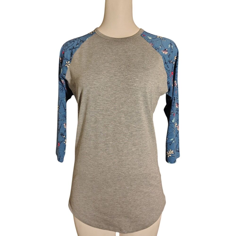 LULAROE  Randy Floral Raglan 3/4 Sleeve Knit Top Women's Gray Blue XS 00014